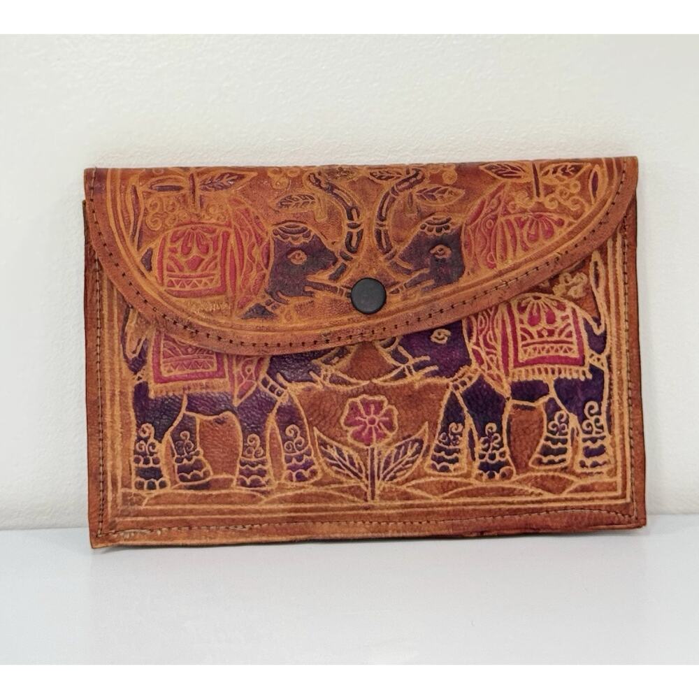 Vintage 3-Piece Leather Elephant Clutch Wallet Coin Hand Tooled India - Picture 2 of 12
